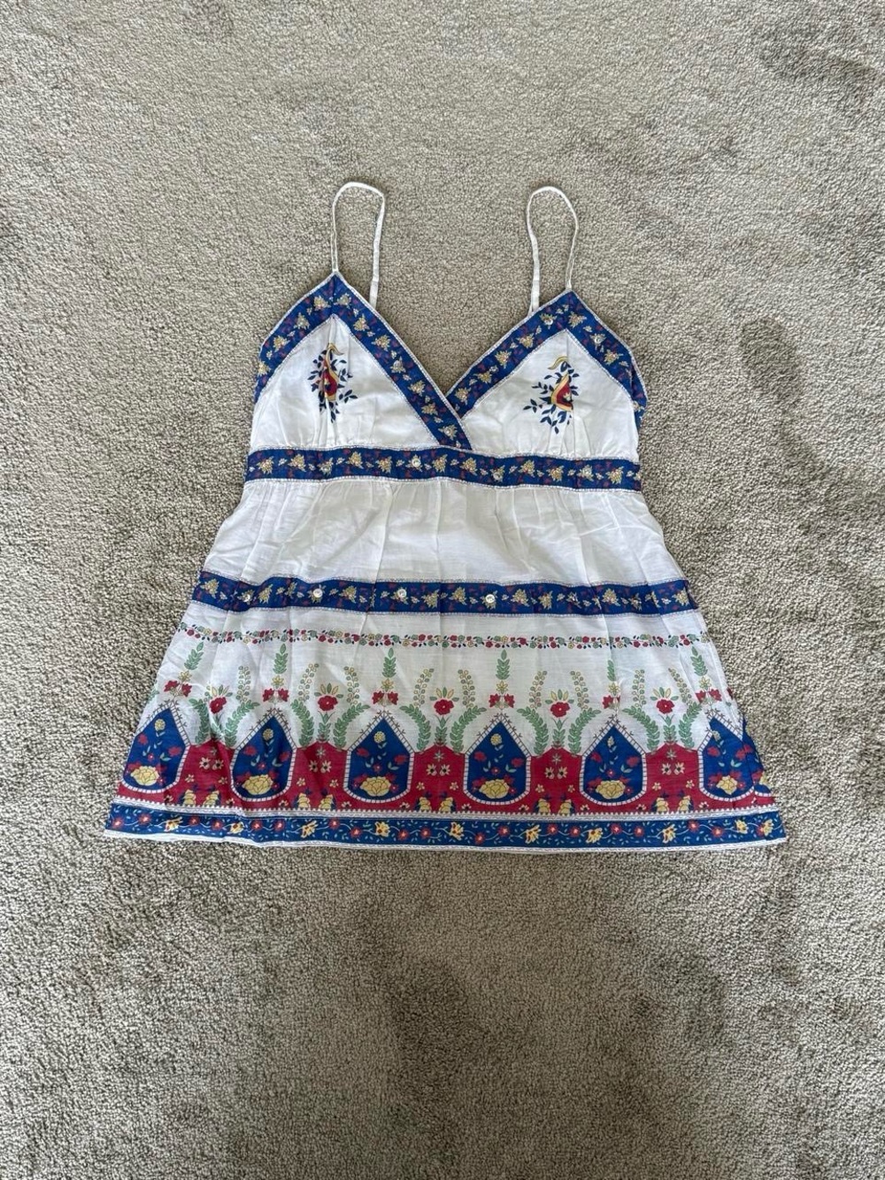 Y2K American Eagle White Floral Boho Babydoll Cami Top Smocked Cotton S